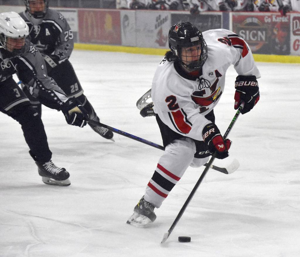 Kenai Centrals Logan Mese prepares to score on a breakaway against Soldotna on Friday, Jan. 26, 2024, at the Kenai Multi-Purpose Facility in Kenai, Alaska. (Photo by Jeff Helminiak/Peninsula Clarion)