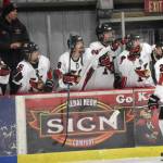 Kenai Central's Logan Mese celebrates after clinching the game with an empty-net goal Friday, Jan. 26, 2024, at the Kenai Multi-Purpose Facility in Kenai, Alaska. (Photo by Jeff Helminiak/Peninsula Clarion)