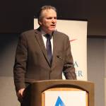 Gov. Mike Dunleavy speaks to a joint meeting of the Juneau and Alaska chambers of commerce Thursday at Centennial Hall. (Mark Sabbatini / Juneau Empire)
