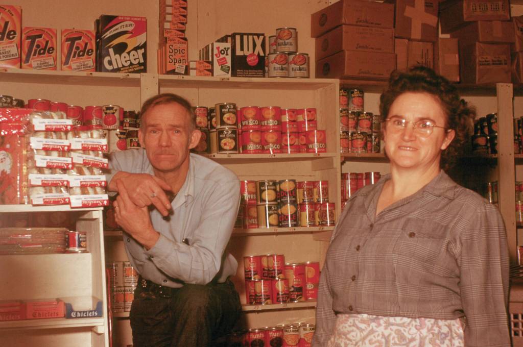 Don and Verona pose inside their first Soldotna grocery store in 1952, the year they opened for business. (Photo courtesy of Al Hershberger.)