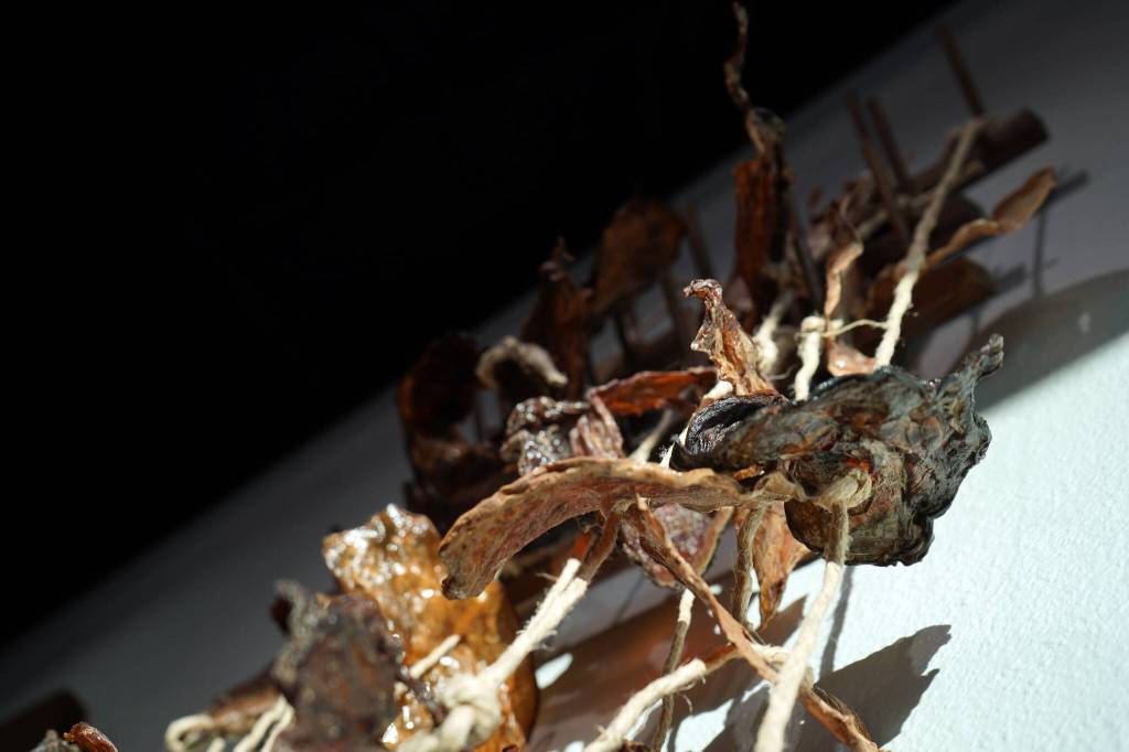 Cascading Culture, by Zirrus VanDevere, hangs as part of the Peoples Choice Judged Exhibition at the Kenai Art Center in Kenai, Alaska, on Wednesday, Jan. 31, 2024. (Jake Dye/Peninsula Clarion)