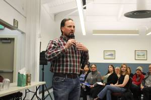 Rep. Ben Carpenter facilitates a town hall about a new cold weather shelter in Nikiski on Wednesday, Dec. 15, 2021, in Nikiski, Alaska. (Ashlyn OHara/Peninsula Clarion)