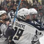 Soldotnas Marshall DeRaeve celebrates his goal Thursday, Feb. 1, 2024, at the Division II state hockey tournament at the Soldotna Regional Sports Complex in Soldotna, Alaska. (Photo by Jeff Helminiak/Peninsula Clarion)