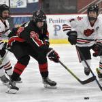 Kenai Centrals Avery Martin tries to split Juneau-Douglas: Yadaa.at Kales Dylan Sowa and Camden Kovach on Thursday, Feb. 1, 2024, at the Division II state hockey tournament at the Soldotna Regional Sports Complex in Soldotna, Alaska. (Photo by Jeff Helminiak/Peninsula Clarion)