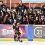 Kenai Central's Sawyer Vann celebrates his game-clinching, empty-net goal Thursday, Feb. 1, 2024, at the Division II state hockey tournament at the Soldotna Regional Sports Complex in Soldotna, Alaska. (Photo by Jeff Helminiak/Peninsula Clarion)