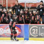 Kenai Centrals Sawyer Vann celebrates his game-clinching, empty-net goal Thursday, Feb. 1, 2024, at the Division II state hockey tournament at the Soldotna Regional Sports Complex in Soldotna, Alaska. (Photo by Jeff Helminiak/Peninsula Clarion)