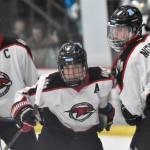 Houstons Brody Richard celebrates a goal with Daniel Matveev at the Division II state tournament Friday, Feb. 2, 2024, at the Soldotna Regional Sports Complex in Soldotna, Alaska. Both Richard and Matveev had hat tricks. (Photo by Jeff Helminiak/Peninsula Clarion)