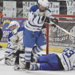 The game-winning goal from Soldotnas Jace Appelhans sits in the net behind Palmers Keagon OBryan, Ryan Martin and Kaleb Von Gunten at the Division II state tournament Friday, Feb. 2, 2024, at the Soldotna Regional Sports Complex in Soldotna, Alaska. (Photo by Jeff Helminiak/Peninsula Clarion)