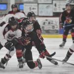 Houstons Afanasy Efimov tries to move Mason Vermette off the puck at the Division II state tournament Friday, Feb. 2, 2024, at the Soldotna Regional Sports Complex in Soldotna, Alaska. (Photo by Jeff Helminiak/Peninsula Clarion)