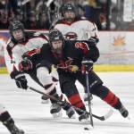 Kenai Centrals Logan Mese guards the puck from Houstons Owen Hunter at the Division II state tournament Friday, Feb. 2, 2024, at the Soldotna Regional Sports Complex in Soldotna, Alaska. (Photo by Jeff Helminiak/Peninsula Clarion)