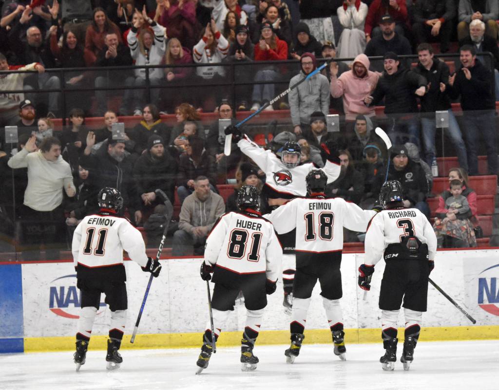 Daniel Matveev celebrates his goal at the Division II state hockey tournament Saturday, Feb. 3, 2024, at the Soldotna Regional Sports Complex in Soldotna, Alaska. (Photo by Jeff Helminiak/Peninsula Clarion)