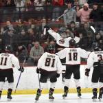 Daniel Matveev celebrates his goal at the Division II state hockey tournament Saturday, Feb. 3, 2024, at the Soldotna Regional Sports Complex in Soldotna, Alaska. (Photo by Jeff Helminiak/Peninsula Clarion)