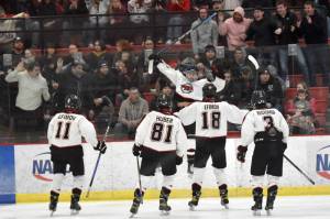 Daniel Matveev celebrates his goal at the Division II state hockey tournament Saturday, Feb. 3, 2024, at the Soldotna Regional Sports Complex in Soldotna, Alaska. (Photo by Jeff Helminiak/Peninsula Clarion)