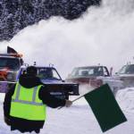 A tight pack of vehicles round the bend to complete a lap during Kenai Peninsula Ice Racing at the Decanter Inn in Kasilof on Sunday. (Jake Dye/Peninsula Clarion)