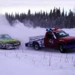 Brick Marcorelle passes Ralph Mills during the Trophy Dash as part of Kenai Peninsula Ice Racing at the Decanter Inn in Kasilof, Alaska, on Sunday, Feb. 4, 2024. (Jake Dye/Peninsula Clarion)