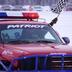 Brick Marcorelle celebrates winning the Trophy Dash as part of Kenai Peninsula Ice Racing at the Decanter Inn in Kasilof, Alaska, on Sunday, Feb. 4, 2024. (Jake Dye/Peninsula Clarion)