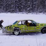 Ralph Mills waits to be towed from a snow berm during Kenai Peninsula Ice Racing at the Decanter Inn in Kasilof, Alaska, on Sunday, Feb. 4, 2024. (Jake Dye/Peninsula Clarion)