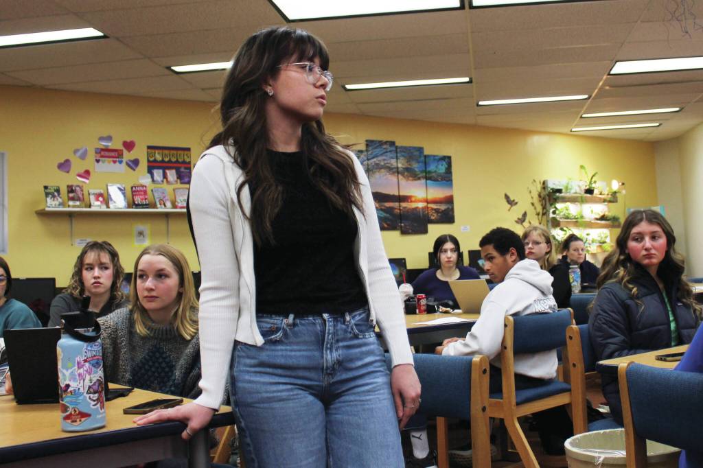 Ashlyn OHara/Peninsula Clarion
Caitlin Babcock addresses students during Luke Hermans government class at Soldotna High School on Feb. 8 in Soldotna.