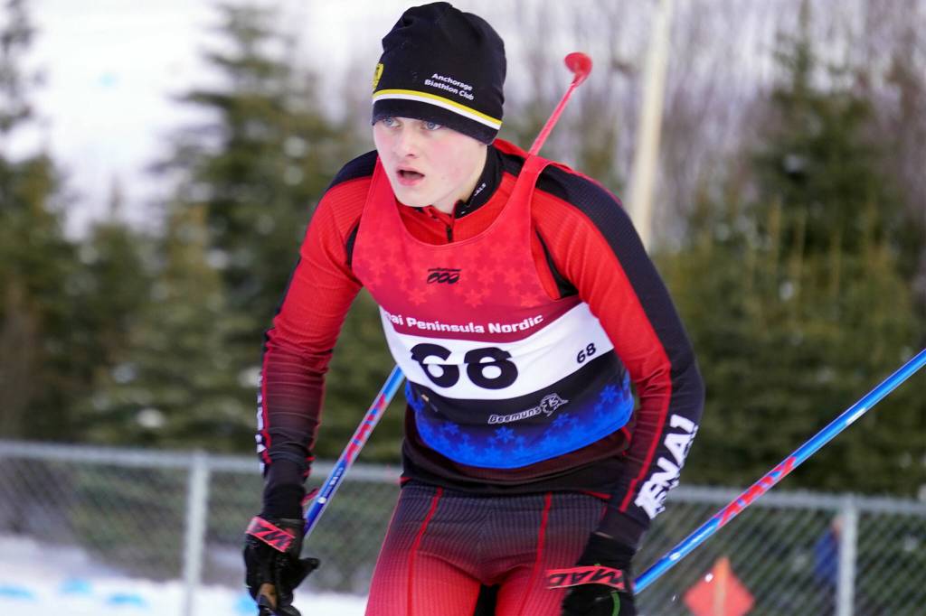 Kenai Centrals Logan Cartwright rounds a bend during the Region III Boys 7.5K Classic Race at Tsalteshi Trails near Soldotna, Alaska, on Saturday, Feb. 10, 2024. (Jake Dye/Peninsula Clarion)