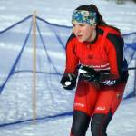 Kenai Centrals Isla Crouse moves into the finish chute during the Region III Girls 7.5K Classic Race at Tsalteshi Trails near Soldotna, Alaska, on Saturday, Feb. 10, 2024. (Jake Dye/Peninsula Clarion)