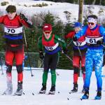 Kenai Centrals Greg Fallon and Soldotnas Michael Davidson battle to lead a pack of skiers during the Region III Boys 7.5K Classic Race at Tsalteshi Trails near Soldotna, Alaska, on Saturday, Feb. 10, 2024. (Jake Dye/Peninsula Clarion)