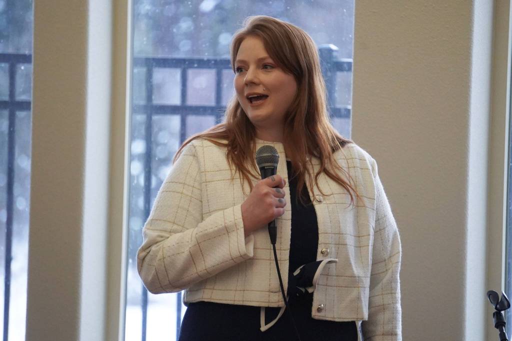Aspen Creek Senior Living Executive Director Ashley Nichols speaks during a grand opening event at Aspen Creek Senior Living in Soldotna, Alaska, on Friday, Feb. 9, 2024. (Jake Dye/Peninsula Clarion)