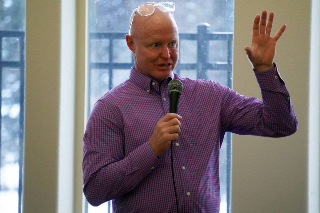 Aspen Creek Senior Living CEO Doug Clegg speaks during a grand opening event at Aspen Creek Senior Living in Soldotna, Alaska, on Friday, Feb. 9, 2024. (Jake Dye/Peninsula Clarion)