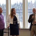 Aspen Creek Senior Living CEO Doug Clegg and Executive Director Ashley Nichols listen as Soldotna Mayor Paul Whitney speaks during a grand opening event at Aspen Creek Senior Living in Soldotna, Alaska, on Friday, Feb. 9, 2024. (Jake Dye/Peninsula Clarion)