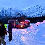 In this image provided by the Cooper Landing Emergency Services, emergency personnel respond to reports of an avalanche on Tuesday, Feb. 13, 2024, in Cooper Landing, Alaska. One backcountry skier died and two others were injured in an avalanche on Alaskas Kenai Peninsula, as warm weather raises the risk for such events in the state. (Clay Adam/Cooper Landing Emergency Services via AP)