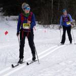 Chelsea Wingard and Cherie Taylor ski together during the Tour of Tsalteshi at Tsalteshi Trails near Soldotna, Alaska, on Sunday, Feb. 18, 2024. (Jake Dye/Peninsula Clarion)
