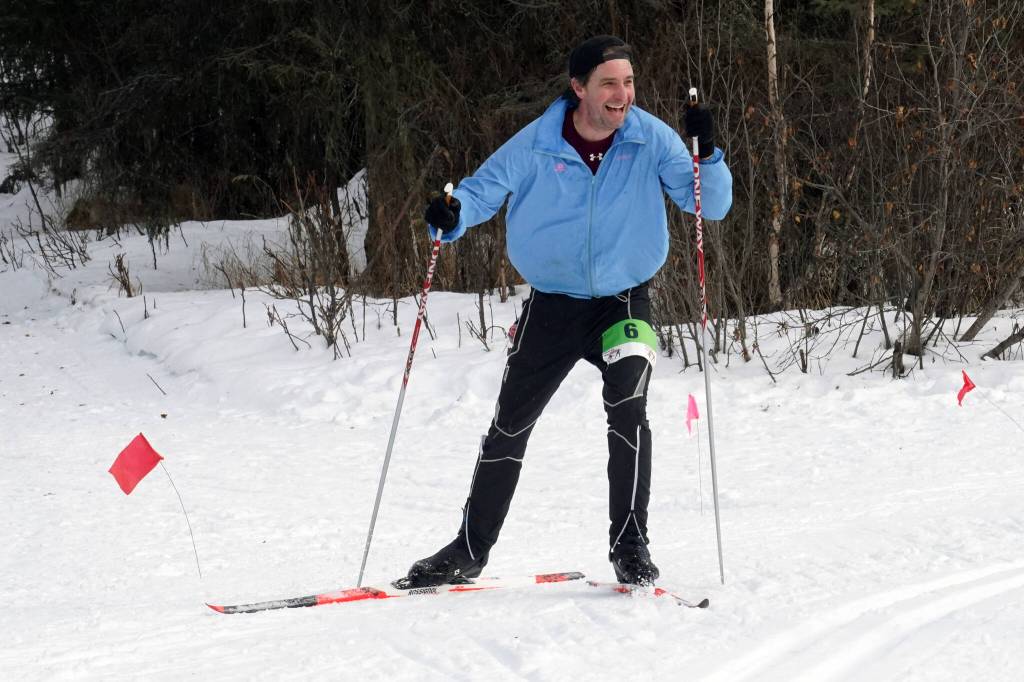 Sean Ulman rounds a bend during the Tour of Tsalteshi at Tsalteshi Trails near Soldotna, Alaska, on Sunday, Feb. 18, 2024. (Jake Dye/Peninsula Clarion)