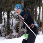 Stacey Buckelew rounds a bend during the Tour of Tsalteshi at Tsalteshi Trails near Soldotna, Alaska, on Sunday, Feb. 18, 2024. (Jake Dye/Peninsula Clarion)
