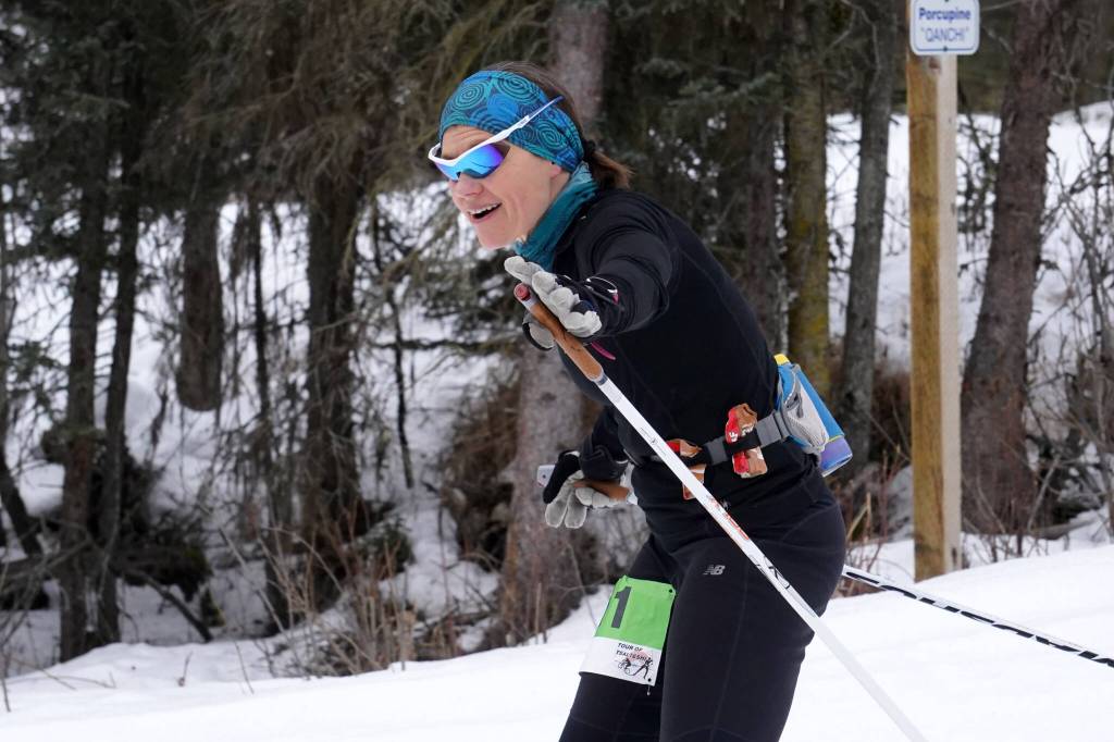 Stacey Buckelew rounds a bend during the Tour of Tsalteshi at Tsalteshi Trails near Soldotna, Alaska, on Sunday, Feb. 18, 2024. (Jake Dye/Peninsula Clarion)