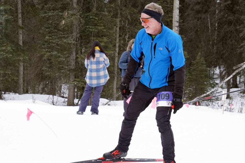 Tom Seggerman rounds a bend during the Tour of Tsalteshi at Tsalteshi Trails near Soldotna, Alaska, on Sunday, Feb. 18, 2024. (Jake Dye/Peninsula Clarion)