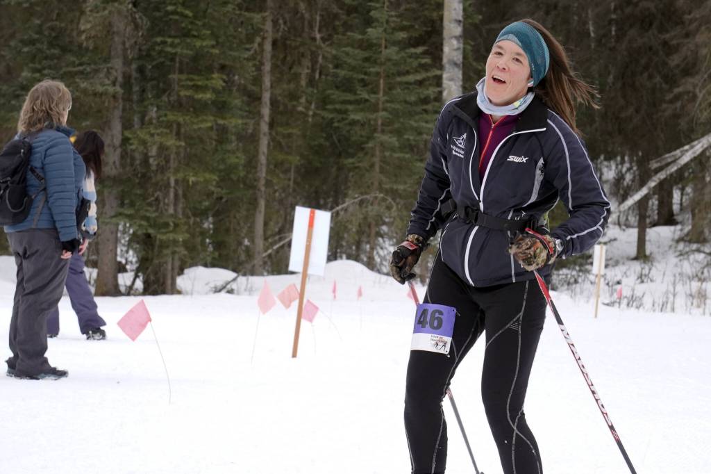 Stephanie Greer rounds a bend during the Tour of Tsalteshi at Tsalteshi Trails near Soldotna, Alaska, on Sunday, Feb. 18, 2024. (Jake Dye/Peninsula Clarion)