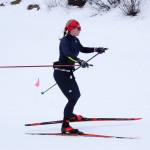 Morgan Aldridge approaches the finish during the Tour of Tsalteshi at Tsalteshi Trails near Soldotna, Alaska, on Sunday, Feb. 18, 2024. (Jake Dye/Peninsula Clarion)