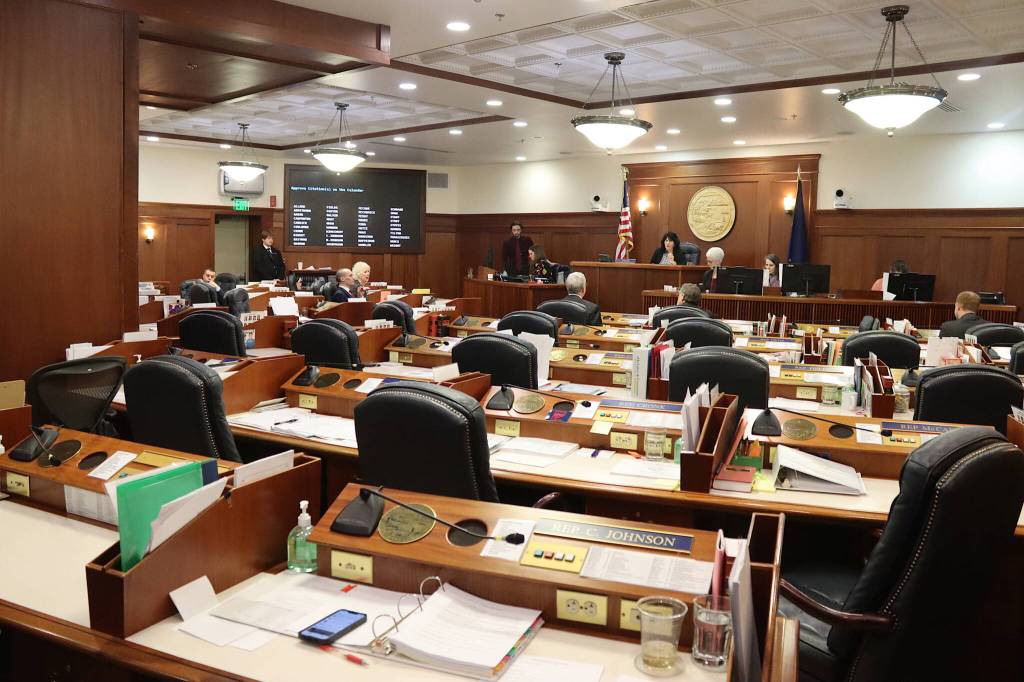 Rep. Cathy Tilton, R-Wasilla, presides over a mostly empty House chamber at the end of an hourslong recess over education legislation on Monday, Feb. 19, 2024 in Juneau, Alaska. (Mark Sabbatini/Juneau Empire)