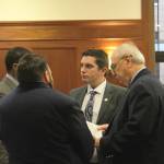 Rep. Justin Ruffridge, R-Soldotna, speaks with lawmakers before consideration of education legislation in the Alaska House Chambers on Monday, Feb. 19, 2024 in Juneau, Alaska. (Ashlyn OHara/Peninsula Clarion)