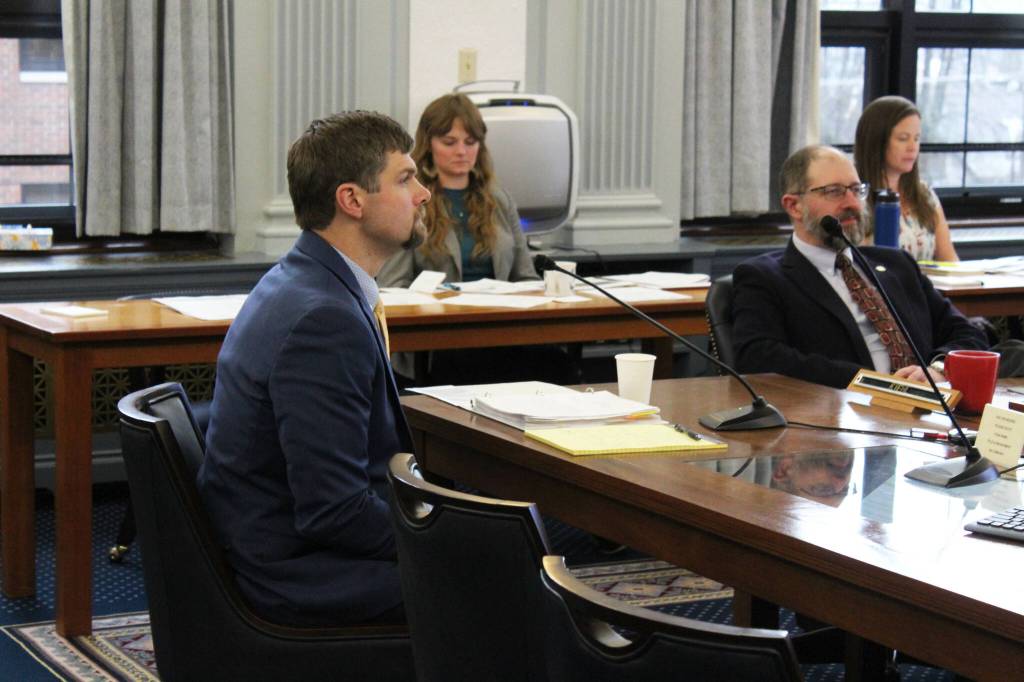 Sen. Jesse Bjorkman, R-Nikiski, presents information on a bill establishing a voluntary buyback program for Cook Inlets east side setnet fishery on Monday, Feb. 19, 2024, in Juneau, Alaska. (Ashlyn OHara/Peninsula Clarion)