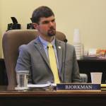 Sen. Jesse Bjorkman, R-Nikiski, listens to testimony during a Senate Community and Regional Affairs Committee hearing on Thursday, Feb. 22, 2024, in Juneau, Alaska. (Ashlyn OHara/Peninsula Clarion)