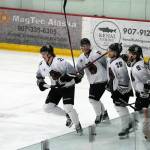 The Kenai River Brown Bears celebrate a goal during a game against Fairbanks at the Soldotna Regional Sports Complex in Soldotna, Alaska, on Saturday, Feb. 24, 2024. (Jake Dye/Peninsula Clarion)