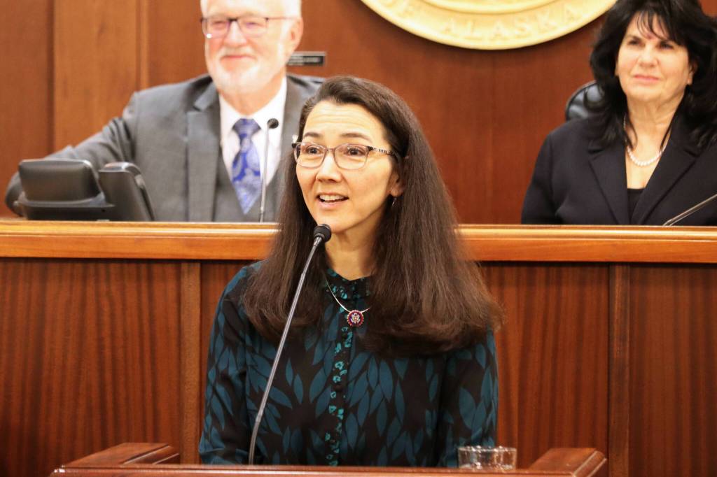 U.S. Rep. Mary Peltola delivers her annual address to the Alaska Legislature on Monday, Feb. 26, 2024 in Juneau, Alaska. (Mark Sabbatini/Juneau Empire)