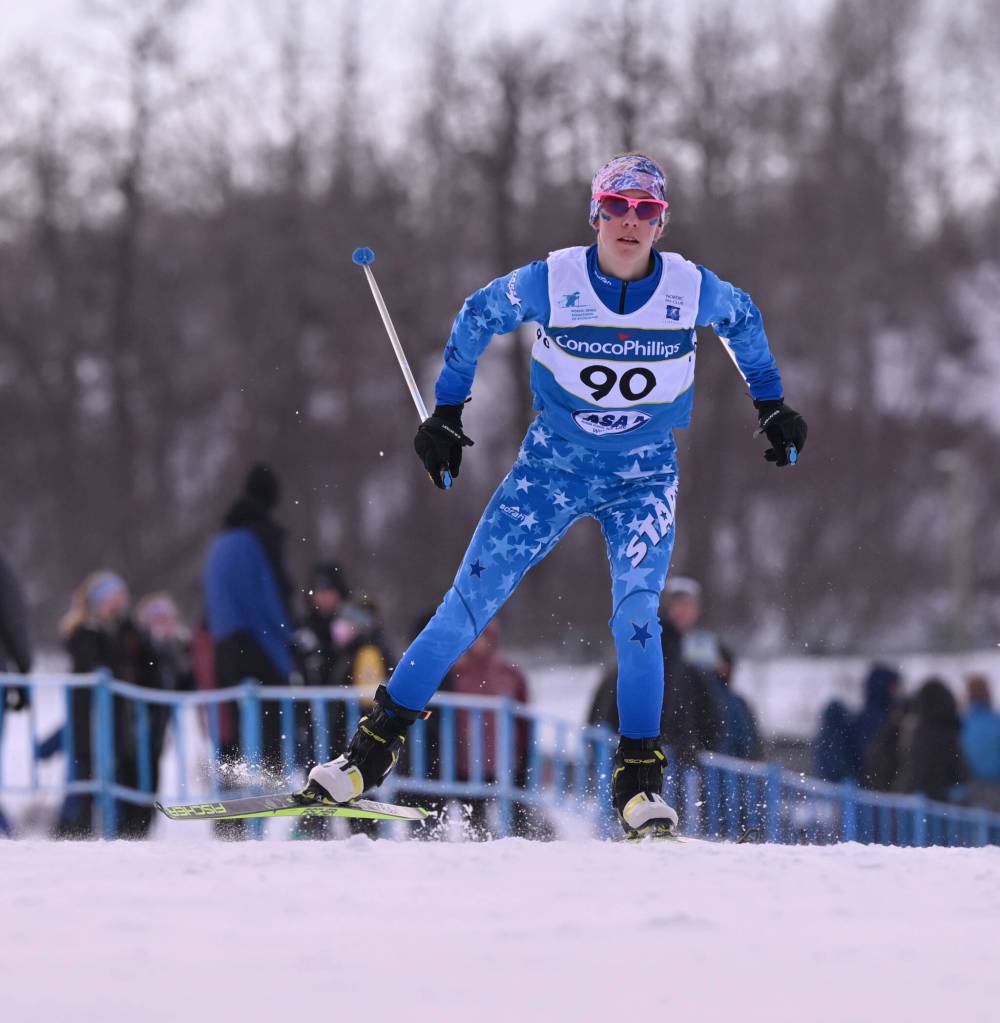 Soldotnas Tania Boonstra skis in the 5-kilometer skate race at the state Nordic ski meet at Kincaid Park in Anchorage, Alaska, on Thursday, Feb. 22, 2024. (Photo courtesy of Danika Winslow)