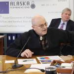 Sen. Click Bishop, R-Fairbanks, asks questions of Alaska Department of Transportation and Public Facilities Commissioner Ryan Anderson during a Senate Finance Committee hearing on Wednesday, Feb. 28, 2024 in Juneau, Alaska. (Mark Sabbatini/Juneau Empire)
