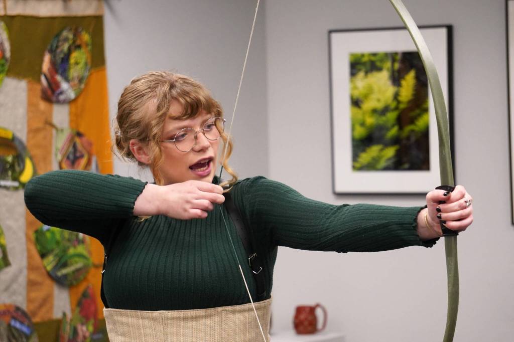 JLee Webster rehearses Marian, or the True Tale of Robin Hood at the Kenai Art Center on Thursday, Feb. 29, 2024. (Jake Dye/Peninsula Clarion)