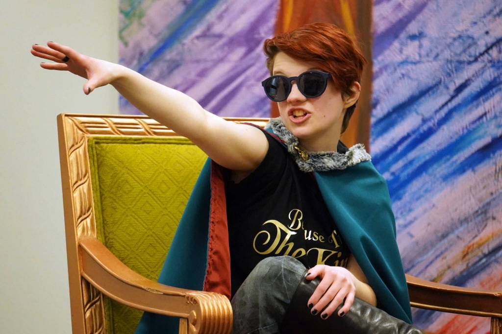 Rory Funk rehearses Marian, or the True Tale of Robin Hood at the Kenai Art Center on Thursday, Feb. 29, 2024. (Jake Dye/Peninsula Clarion)