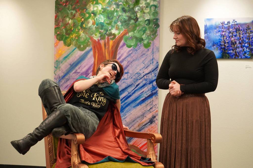 Rory Funk and Oshie Broussard rehearse Marian, or the True Tale of Robin Hood at the Kenai Art Center on Thursday, Feb. 29, 2024. (Jake Dye/Peninsula Clarion)