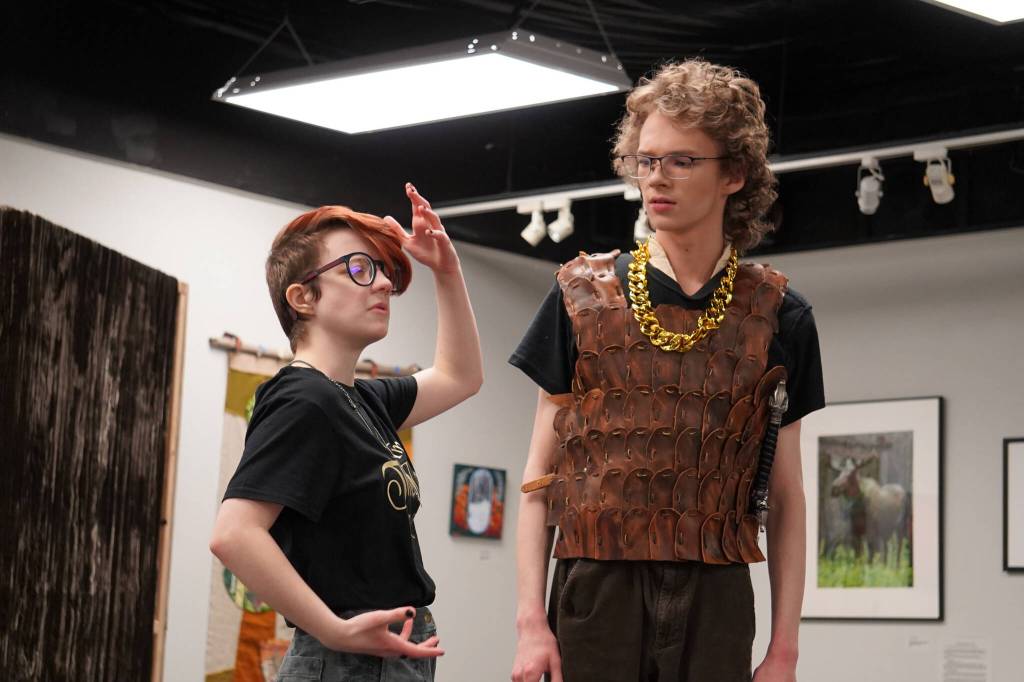 Rory Funk and Gavin Hunt rehearse Marian, or the True Tale of Robin Hood at the Kenai Art Center on Thursday, Feb. 29, 2024. (Jake Dye/Peninsula Clarion)