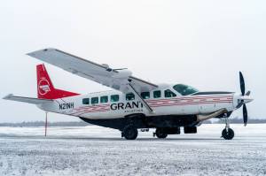 Grant Aviations new Cessna 208B EX Grand Caravan idles on the runway moments after arriving at the Kenai Municipal Airport in Kenai, Alaska, on Monday, March 4, 2024. (Jake Dye/Peninsula Clarion)