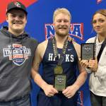 Dylan Dahlgren, Galen Brantley III and Adarra Hagelund at the NAIA Indoor Track and Field National Championships in Brookings, South Dakota. (Photo provided)